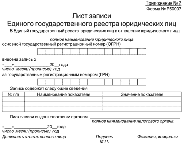 Листа записи о создании юридического лица образец